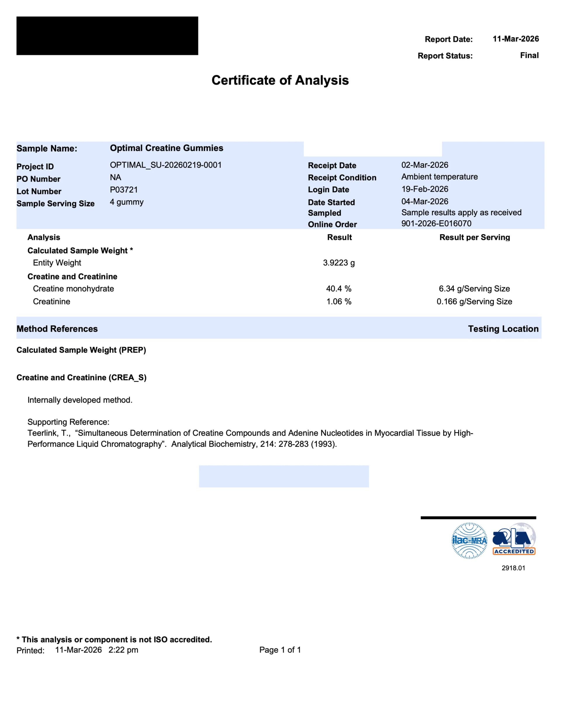 Optimal Creatine Gummies Certificate of Analysis